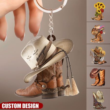 Personalisierte Stiefel und Hut Cowboy Cowgirl Acryl Schlüsselanhänger